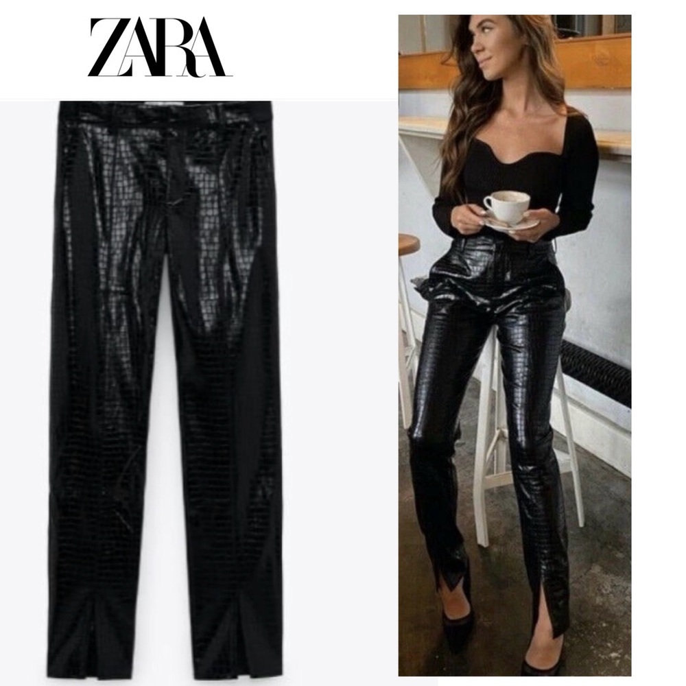 Zara Women Black Croc embossed Animal Faux Leather Pleather Vegan Pants M NWOT